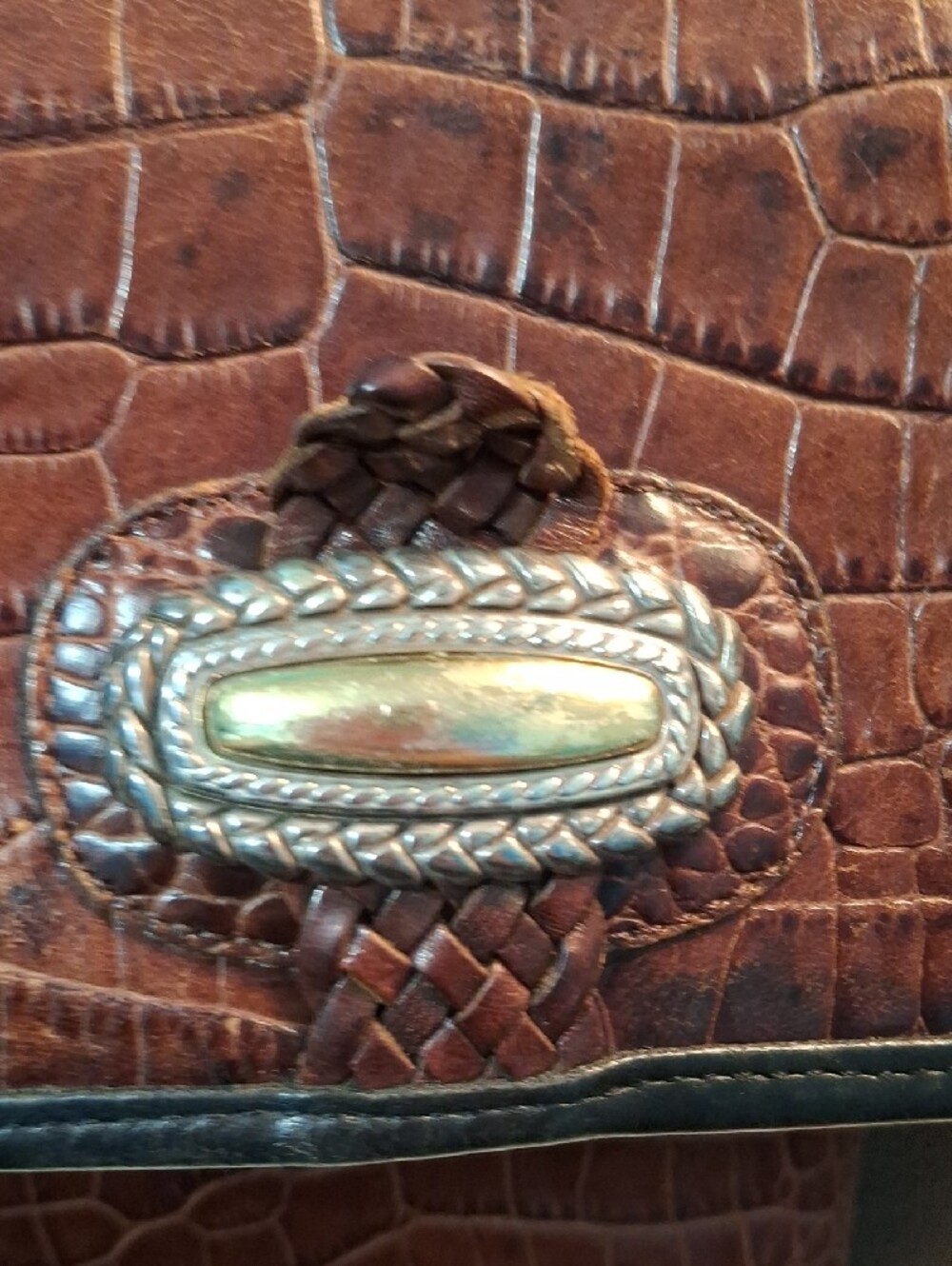Brighton Magdaleine Brown Croc-Embossed & Black Leather Crossbody Vintage - Picture 12 of 15